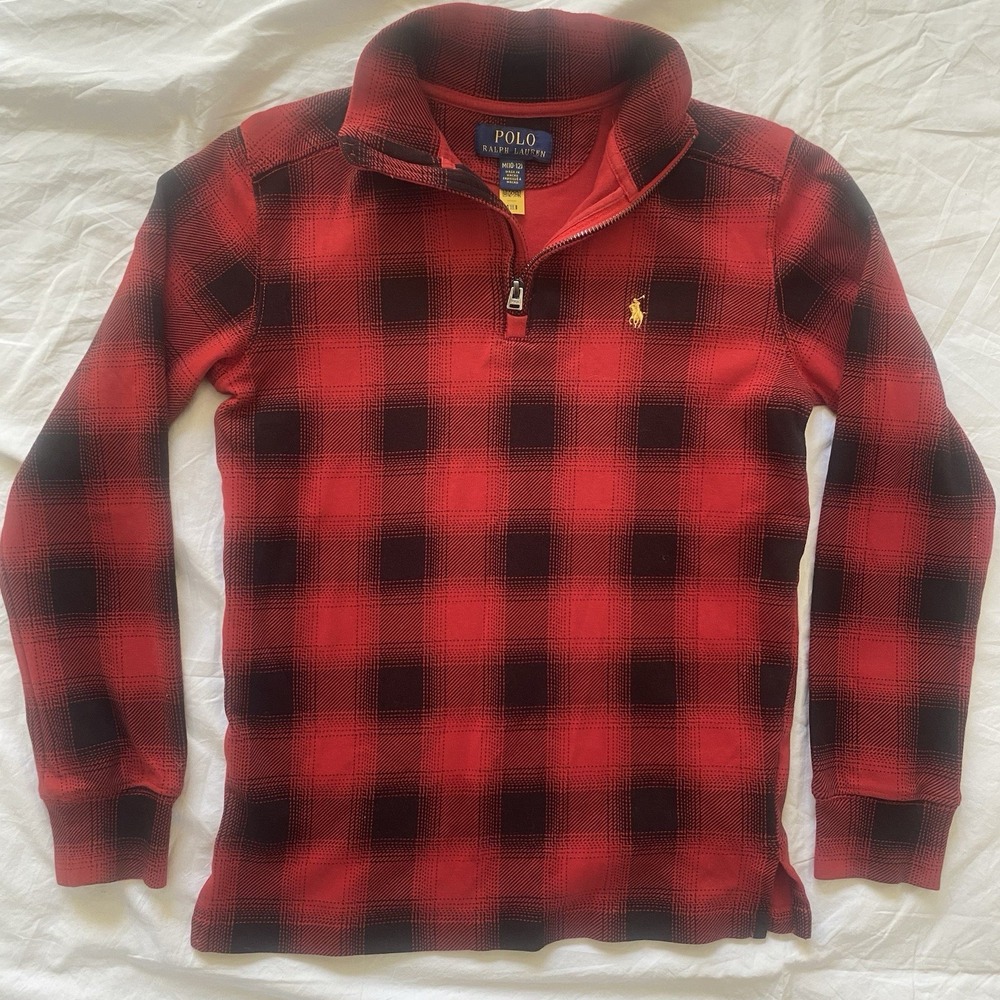 Polo Ralph Lauren Boys M 10/12 Collared Sweater Red Black Check Long Sleeve